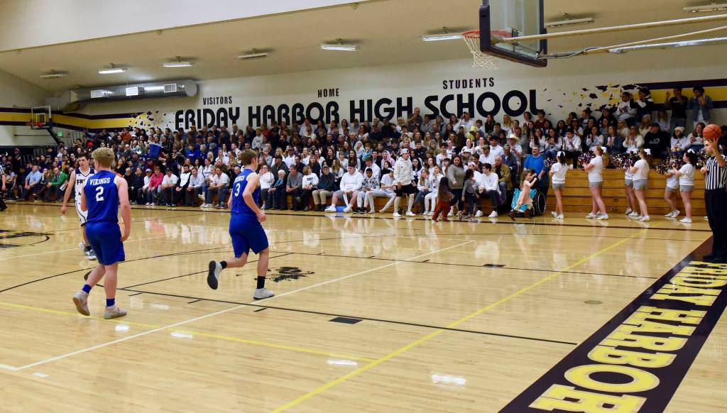 Turnbull gym was packed with an overflowing crowd of Wolverine and Orcas Island fans. It was also Senior Night and lots of students came to the game to cheer the home town team. (John Stimpson/contributed photo.)