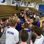 Head Coach Rod Turnbull leads his players in a victory chant. (John Stimpson/contributed photo.)