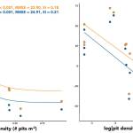 The untransformed data showing the non-linear relationship between the density of sea otter pits (site-wide sum) and the elevation of the continuous edge of the eelgrass. The orange points/line represent the elevations of the diffuse edge and the blue points/line represent the elevation of the continuous edge of the eelgrass bed. Each point represents one of 26 sites. (right) The same data, but pit density log-transformed.