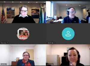 San Juan County Council met via Zoom on Jan.5 for the first meeting with the new council members elected in November 2020. Meeting participants included Councilmember Jamie Stephens, top left; County Manager Mike Thomas, top right; Councilmember Cindy Wolf bottom left; and Councilmember Christine Minney.