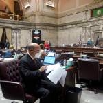 Sen. Keith Wagoner, R-Sedro-Woolley, sits at his desk on the Senate floor Monday at the Capitol in Olympia. (AP Photo/Ted S. Warren)