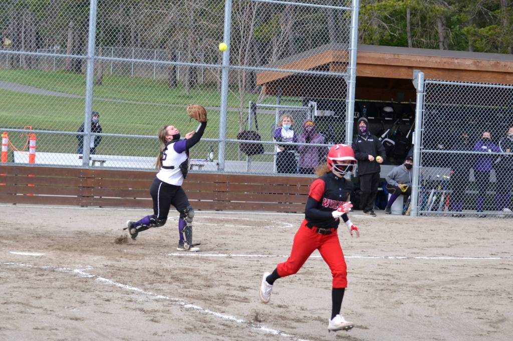 Junior Ella Mason catching a pop fly against Coupeville on March 19. The girls lost 8-3 at home against the Wolves. (Jennifer Ayers/contributed photo)