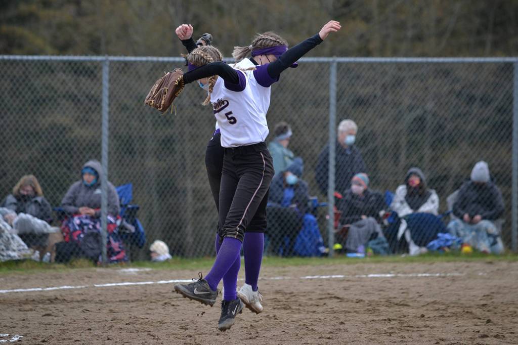 Ellee Perkins and Darcy Ayers infield against the Orcas Vikings on March 27, 2021. (Jennifer Ayers photo)