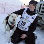 Stoddard at the finish line with lead dog Mummy. (Contributed photo)