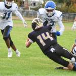 Wolverine Connor Haines, #14, stretches for additional yards. (John Stimpson photo)