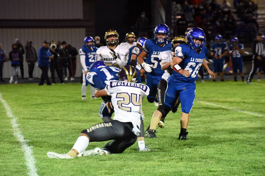 Wolverine Chris Gustafson, #24, wraps up Braves quarterback for a loss of yardage. (John Stimpson photo)