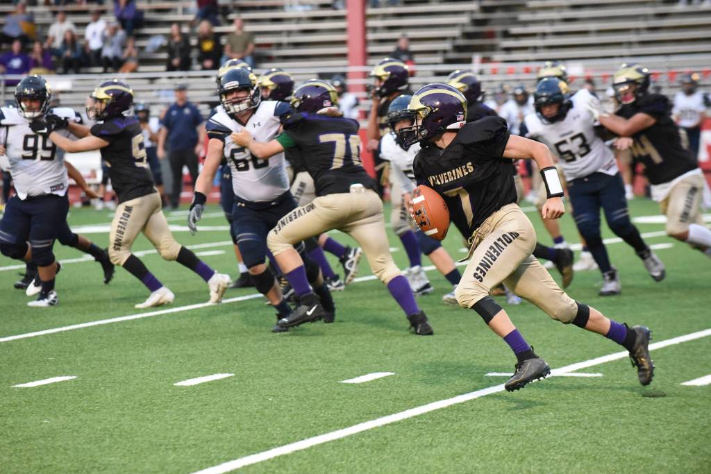 Wolverine quarterback Dylan Roberson, #7, sprints off for a big yardage gain! (John Stimpson photo)