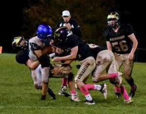 John Stimpson photo
Wolverine Pierce Kleine #30 stops a Braves runner.