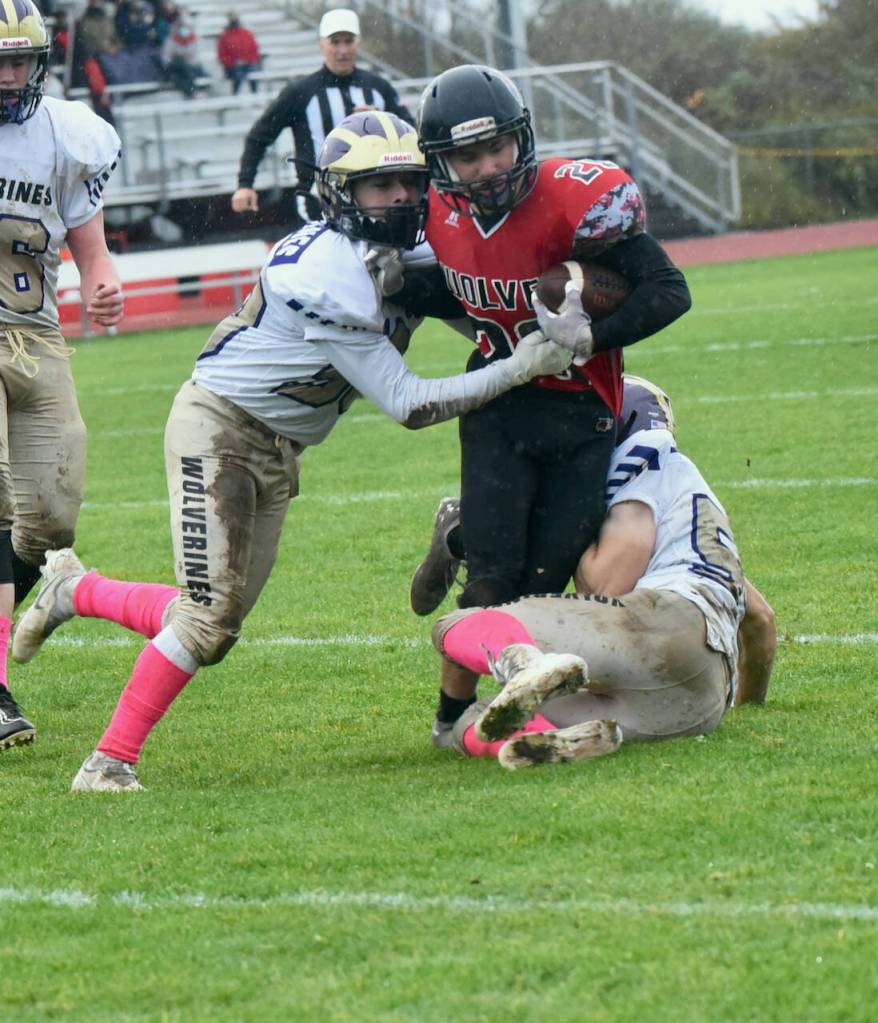 John Stimpson photo
Wolverines Victor Velasquez #50 and Geoffrey Volk #54 take down a Wolves running back.