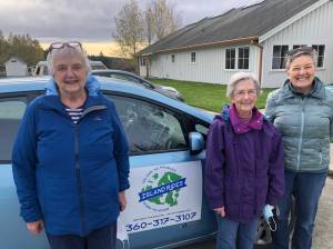 Elizabeth Taylor, Melba Gaddis and driver Anne Trench at Grace Church on Lopez Island where they attend the Creaky Yoga classes twice weekly.