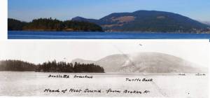 Contributed photo by Doug McCutcheon and the San Juan Island Historical Society and Museum 
Turtleback Mountain on Orcas, 1895 and again in approximately 2015