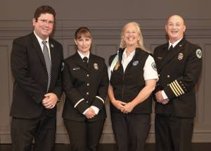 Contributed photo by San Juan County Public Hospital District 1
Left to Right: Nathan Butler, Administrator, Margaret Longley, recent Medic One graduate, Weyshawn Koons, Senior Paramedic and former Training Officer, T. J. Bishop, Assistant Chief of Operations and Training.
