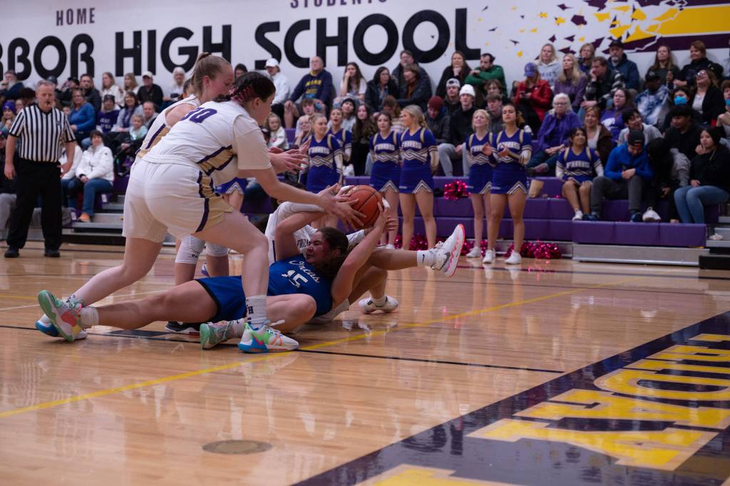 Contributed photo by Kathryn Wheeler
Audrey Allen and teammate block an Orcas Viking.