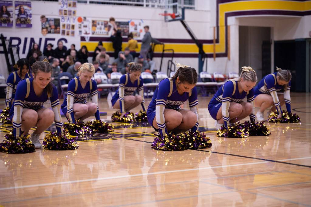 Contributed photo by Kathryn Wheeler
The Friday Harbor High School Cheerleading Team put on their final halftime performance of the 2023 Winter Season. To celebrate Senior Night, the team choreographed a complex pom and dance routine with advanced stunts to showcase the many skills they learned over this Basketball Season.
Back Row: Lupita Soto and Elizabeth Ockerman. Middle Row: Zoey Folkman and Paloma Waldron. Front Row: Paige Carlton-Flierl, Lilli Turnbow and Jasmyn McEwen.