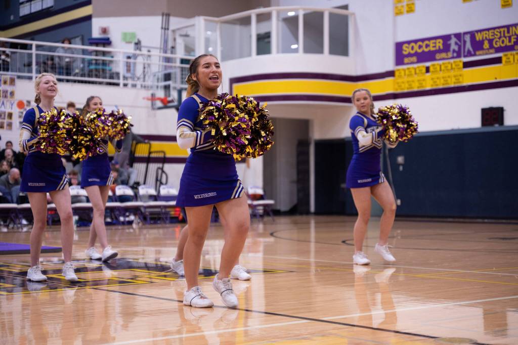 Contributed photo by Kathryn Wheeler
The Friday Harbor High School Cheerleading Team put on their final halftime performance of the 2023 Winter Season. To celebrate Senior Night, the team choreographed a complex pom and dance routine with advanced stunts to showcase the many skills they learned over this Basketball Season.
Back Row: Elizabeth Ockerman. Middle Row: Zoey Folkman, Jasmyn McEwen and Paloma Waldron.
Front Row: Lilli Turbnow
