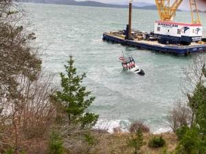 Contributed photo
A 45 tug boat carrying approximately 400 gallons of diesel fuel partially sank off the Lopez ferry terminal Wednesday morning.
