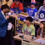 Kelley Balcomb-Bartok \ Staff photo
MC Mason Turnage entertains the audience while talking with the FHHS 11-12 grade team during the San Juan Public Schools Foundations 28th annual Knowledge Bowl.