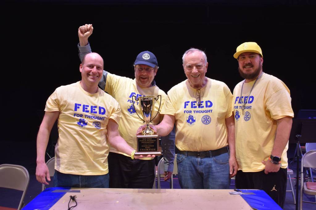 The Friday Harbor Rotary Club team members celebrate their victory in the San Juan Public Schools Foundations 28th annual Knowledge Bowl.