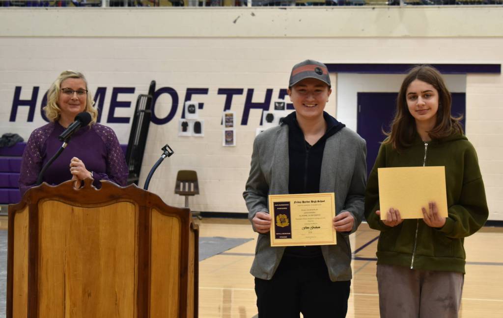 Staff photo by Kelley Balcomb-Bartok
Friday Harbor High School Principal's Honors Awards were presented to Class of 2026 students Finn Graham, Matthew Van Dyck, and Flora Vaught during the FHHS Celebration of Academics event held March 10 in the Turnball Gym. This award recognizes students who earned a 4.0 GPA during the Spring 2022 and/or Fall 2022-2023 semesters.