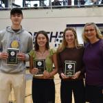 Staff photo by Kelley Balcomb-Bartok
Friday Harbor High School Co-Valedictorians Zachary Place, Islay Ross, and Ariana Tucker-Belt were presented honorary awards by Principal Andrea Hillman during the FHHS Celebration of Academics event held March 10 in the Turnball Gym.