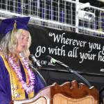 Kelley Balcomb-Bartok / Staff photo
ASB President Aryana Berube welcomes the audience and shares some history about her fellow graduating seniors. Berube says she plans to get a Masters Degree then volunteer teaching english and traveling. She says her dream career would be working in foreign affairs with an environmental standpoint.