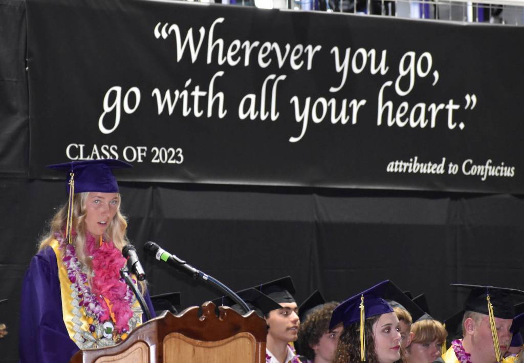 Kelley Balcomb-Bartok / Staff photo
Co-Valedictorian Ari Tucker-Belt speaks of resilience to the graduating Class of 2023 seniors. Tucker-Belt plans to attend the University of Michigan School of Kineseology and work towards a doctorate in physical therapy.