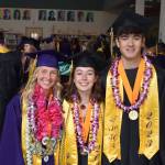 Kelley Balcomb-Bartok / staff photo
Co-Valedictorians Ariana Tucker-Bell, Islay Ross, and Zachary Place pose among their fellow seniors moments before graduation ceremonies are to commence.