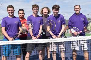 Kelley Balcomb-Bartok/Staff photo 
The 2023 FHHS Boys Tennis Team, left to right: Finn Graham, Aldo Valencia, Miles Posenjak, Phoenix Daily, Liam Copley, and Coach Kyle Loring. Not pictured are: Bowen VanHamersfeld, Nik Valsamaki, and Crede Janson.