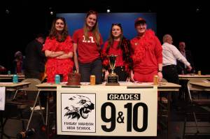 Staff photo/Isabel Ashley
The 9th and 10th grade team pose with their 2024 Knowledge Bowl trophy and cake. From left to right: Flora Vaught, Vera Schoultz, Eleanora Cohen, and Finn Graham.