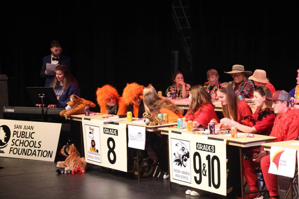 Staff photo/ Isabel Ashley
The 8th graders, 9th and 10th graders, and the Soroptomists brain storm the answer to a question asked by MC Mason Turnage