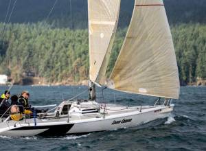 The Juvenile Delinquents aboard their boat, Loose Cannon, as they train to compete in the 710-mile race from Victoria B.C. to Ketchikan, Alaska.
