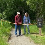 Staff photo / Isabel Ashley
Director of the San Juan County Conservation Land Bank, Lincoln Bormann (left), and Conservation Director of the San Juan Preservation Trust, Vickie Edwards (right), at the ribbon cutting ceremony for the new trail on the Land Banks Cady Mountain Preservation