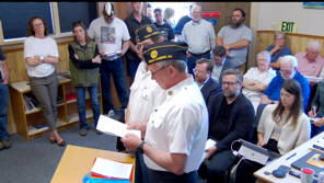 Heather Spaulding \Staff photo
Kris Kline urges the Town Council to reject the Development Agreement June 20.