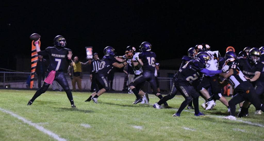 Contributed photo by John Stimpson
With great pass protection Wolverine #7, Jackson Feliz, looks for his receiver.