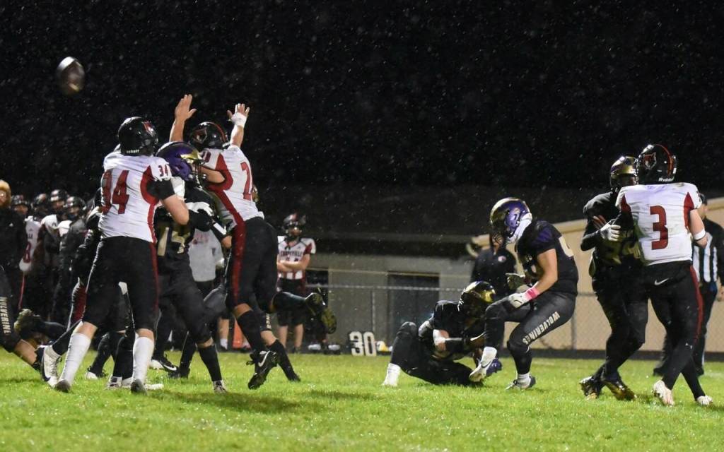 Contributed photo by John Simpson
Wolverine #44 Victor Valasquez successfully kicks a three point field goal.