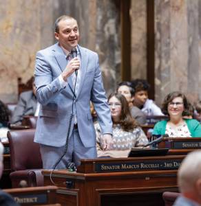 Sen. Marcus Riccelli, D-Spokane, speaks on the floor of the Senate. Photo supplied by Washington State Senate.