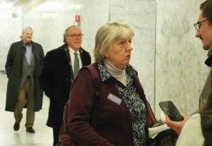 Dee Anne Finken, volunteer with the League of Women Voters of Washington, left, interviewed by the Centralia Daily Chronicle after a public hearing. Contributed photo.