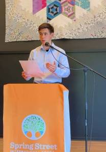 Emmett Beadnall, Junior at SSIS, speaks at fundraiser