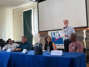 Heather Spaulding Staff photo
From left to right, Mayoral candidates Emilio Santiago, Evan Perrollaz, Pam Hoke, moderator Steve Bowman and current mayor, Ray Jackson.