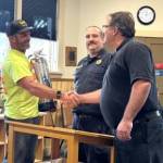 Contributed photo.
Town Streets and Parks Supervisor Justin Nibler, Fire District 3 Battalion Chief Mike Hartzell, and Fire District 3 Chief Noel Monin at the Oct. 2 Town Council meeting.