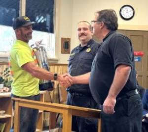 Contributed photo.
Town Streets and Parks Supervisor Justin Nibler, Fire District 3 Battalion Chief Mike Hartzell, and Fire District 3 Chief Noel Monin at the Oct. 2 Town Council meeting.