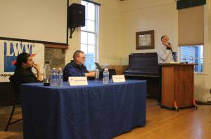 Heather Spaulding photo
 Left to right, mayoral candidates Emilio Santiago and Evan Perrollaz, and moderator Steve Bowman.