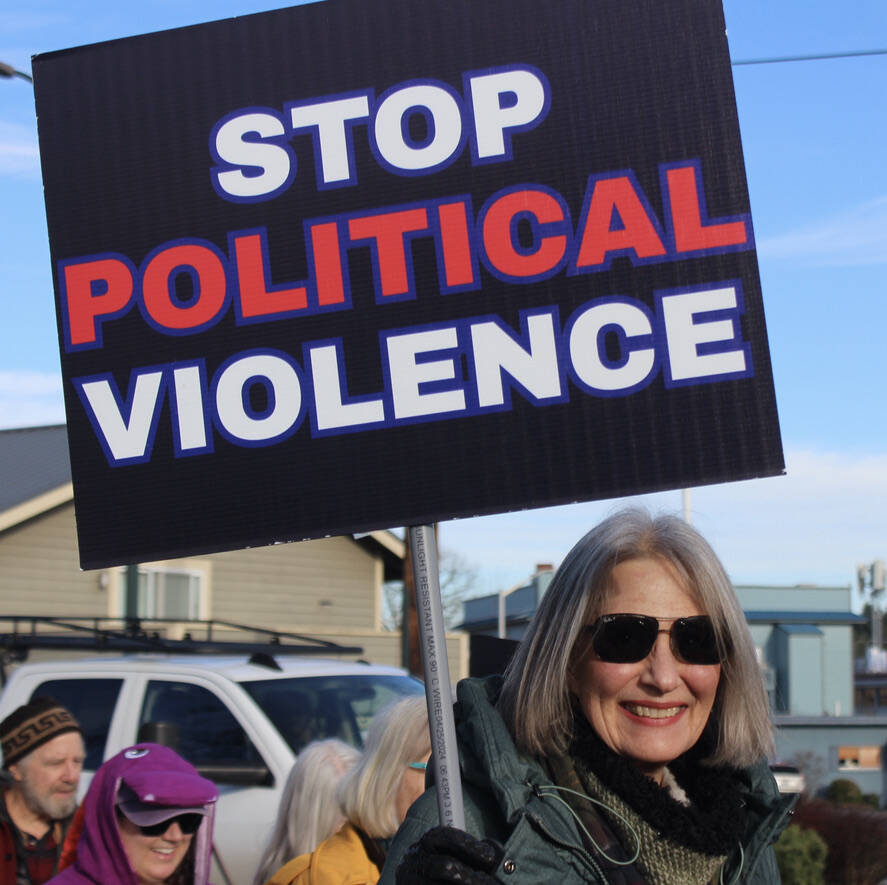 One of the marchers Jan. 20, heading down Blair Street.