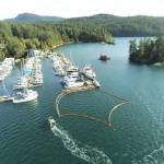 Contributed photo.
Nov. 18, 2023: The former Army tug El Capitan sank at its moorings in West Sound. Previous work on this abandoned vessel had removed most of the fuel, but there were still caches of petroleum products aboard that leaked into the Sound. IOSA responded immediately by providing on-site information to the USCG and other agencies and surrounded the sunken vessel with containment boom within a few hours of the sinking. The IOSA boom remained in place until the vessel was raised and salvaged seven months later.