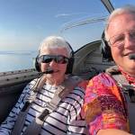 Mary Ellen Judge and her Eagles pilot, Marc Islam, on their way to a radiation treatment (just a few weeks before she won a car on Jeopardy!)