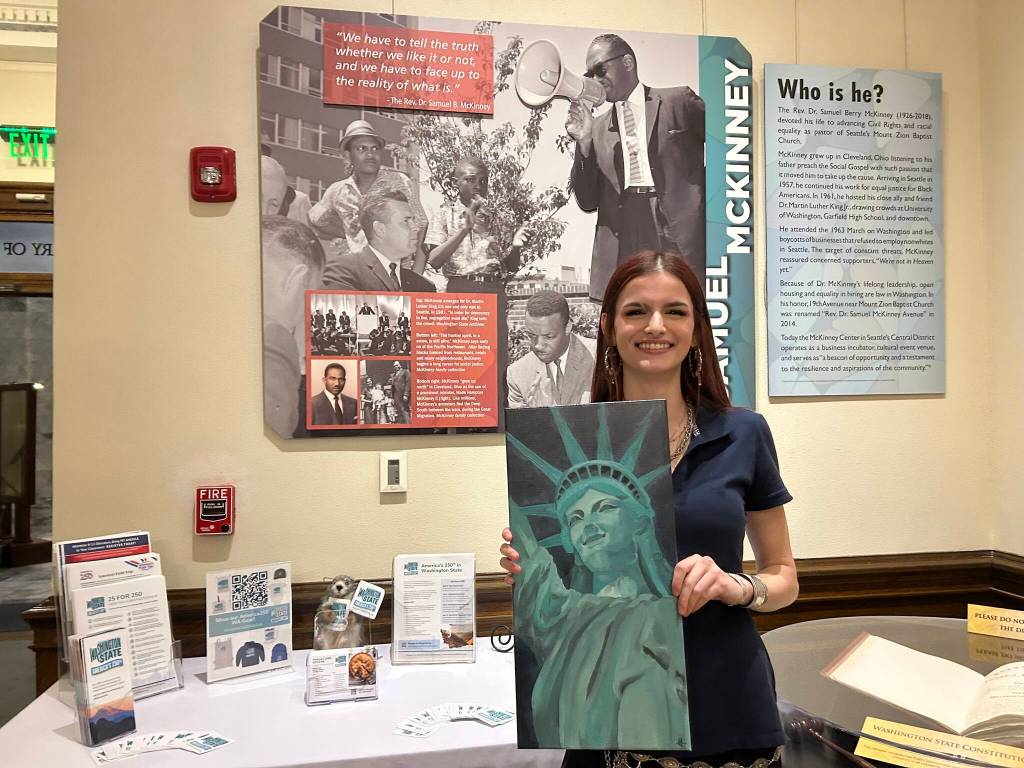Annika Hauer photo.
Madeline Johnson, who read the Declaration of Independence at the celebration, titled her painting Life, Liberty, and the Pursuit of Happiness, responding to the question, What does America mean to you?