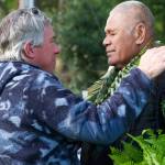 Darrell Kirk photo. Matt Wickey with Leonard Kimokeo Kapahulehua in Olga during the Gathering of the Eagles Canoe Voyage in 2025.